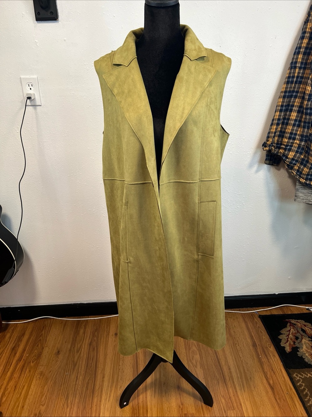 Magaschoni Olive Suede Sleeveless Long Vest